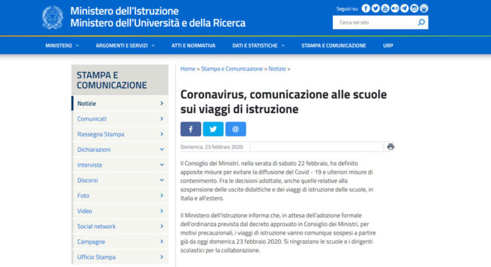 CORONAVIRUS, COMUNICAZIONE ALLE SCUOLE SUI VIAGGI DI ISTRUZIONE